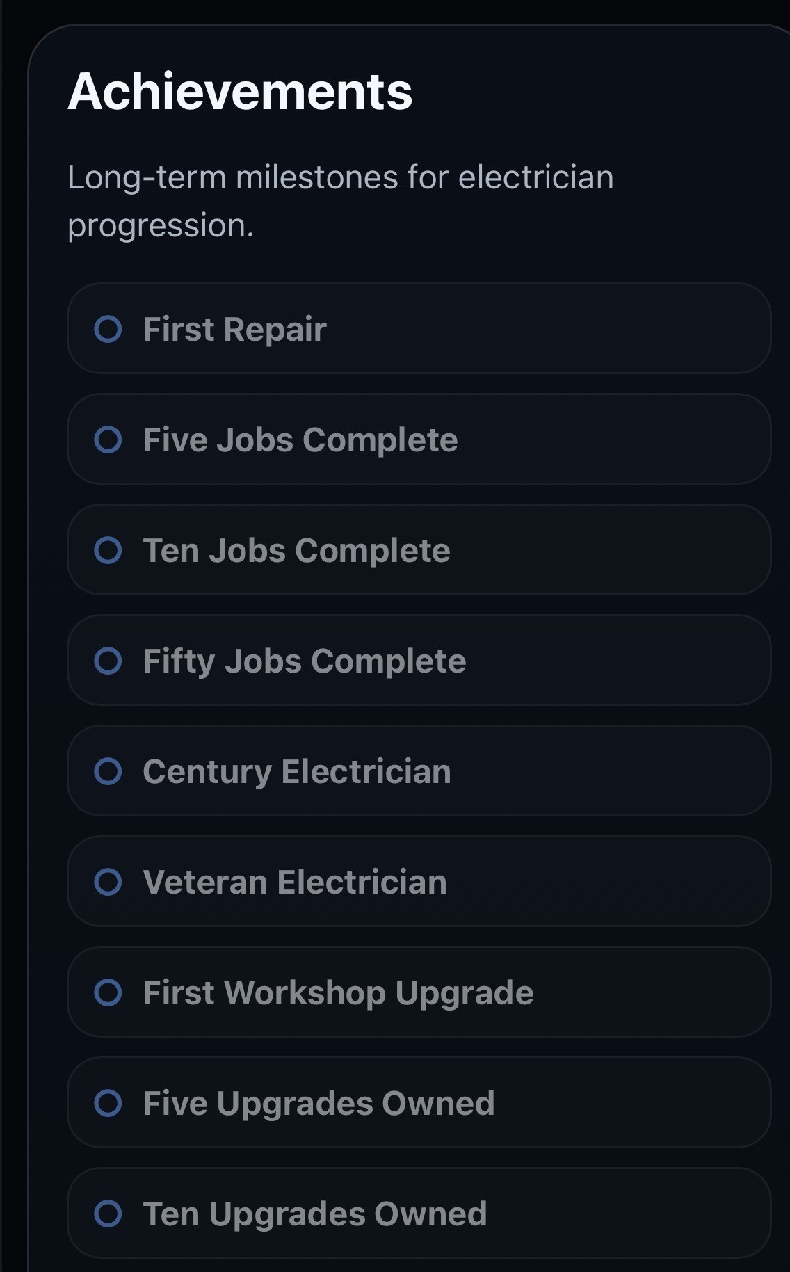 Electrical game Progress Hub showing junior electrician career progression